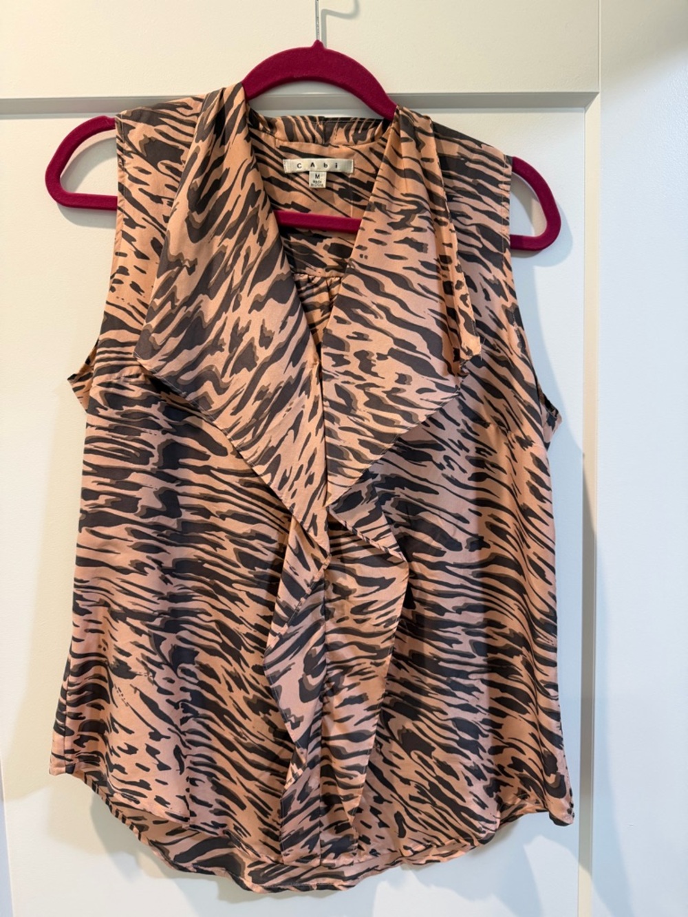 CAbi Pink Zebra-Print Sleeveless Draped Blouse, silk, size M